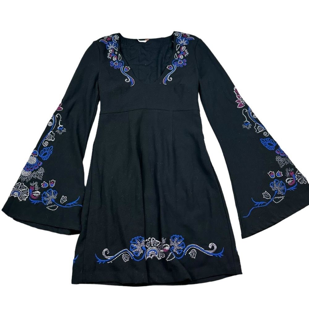 FREE PEOPLE: Women's Holiday Embroidered Mini Dress Black Bell Sleeves -Size 0